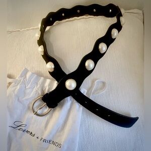 Lovers + Friends Black Suede  Belt with Gold Trimmed Pearl Accents